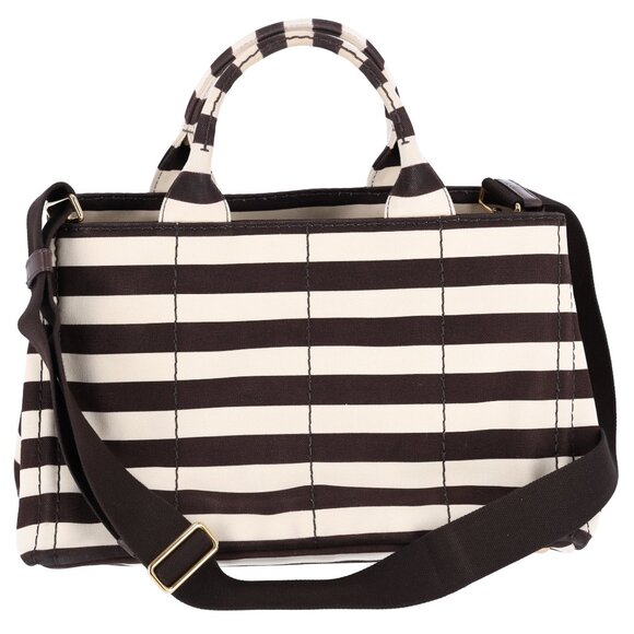 PRADA Canapa Large Canvas Tote Bag Brown White Stripe Shoulder Bag - Picture 8 of 16